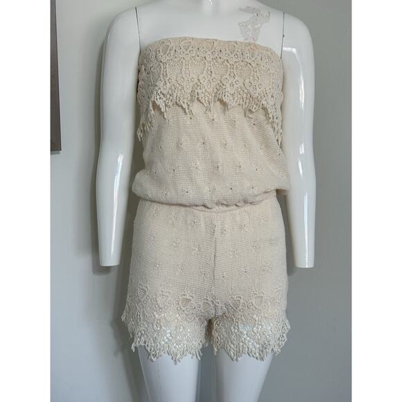 Jolt Pants - Jolt Women’s Strapless Crochet Lace Romper Cream Boho Beach Resortwear Size S